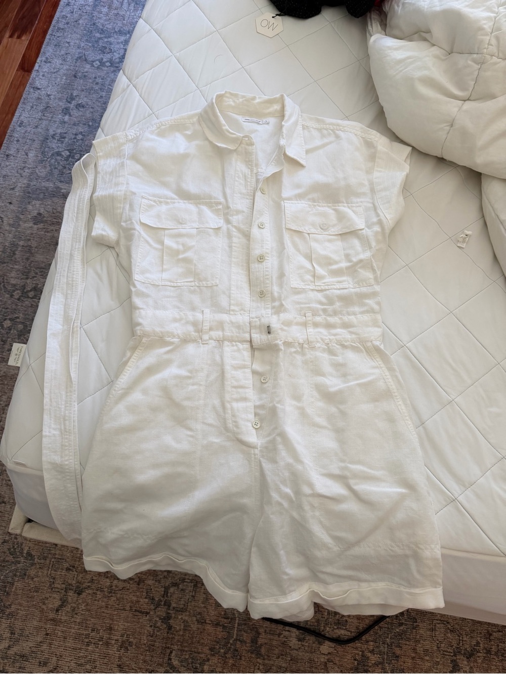 Unsubscribed Women's White Short Sleeve Utility Romper with Waist Tie
